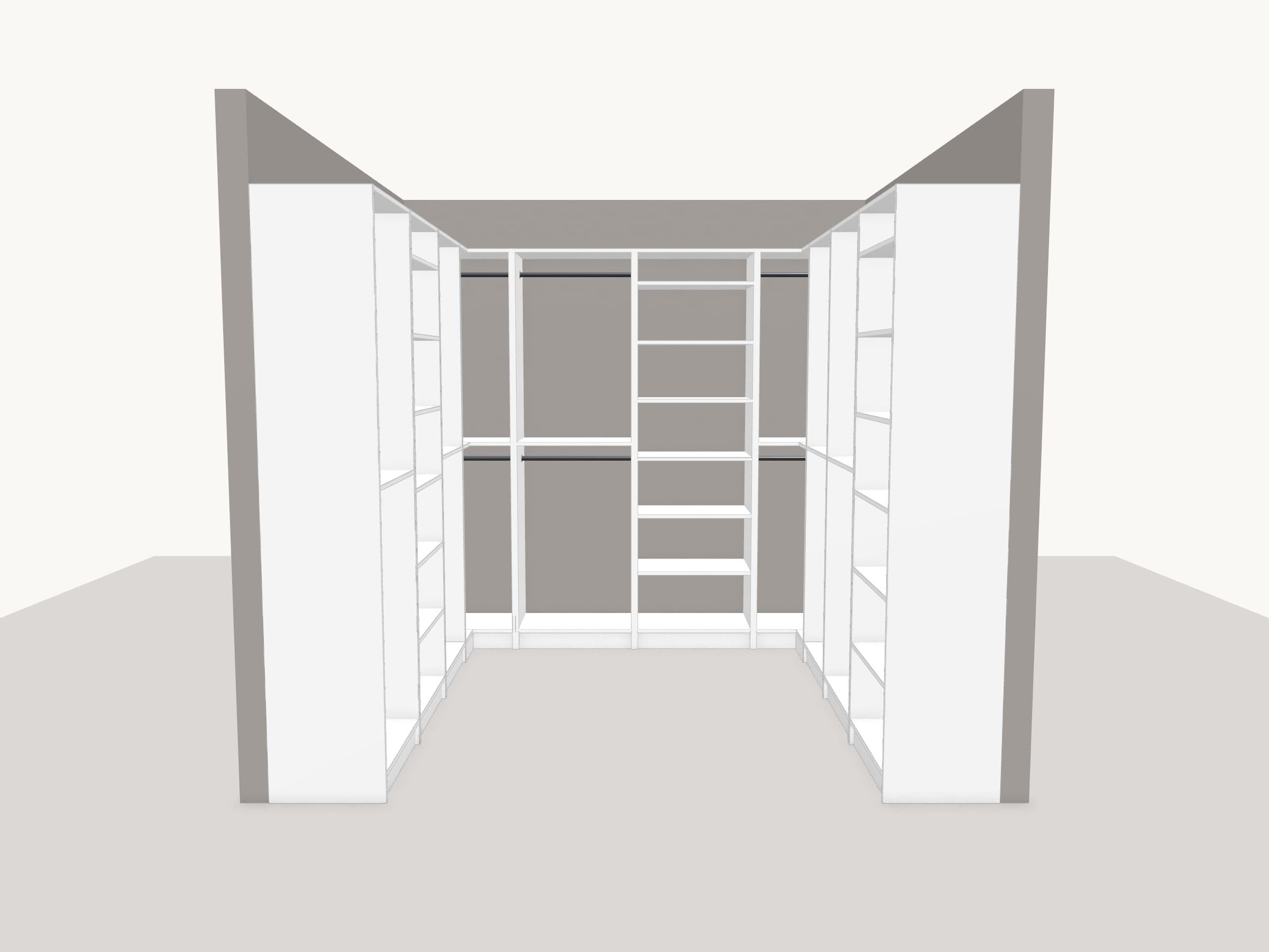 A balanced walk-in closet rendered in the ClosetRight 3D designer — double-hang runs on both side walls, shelves and drawers on the back wall